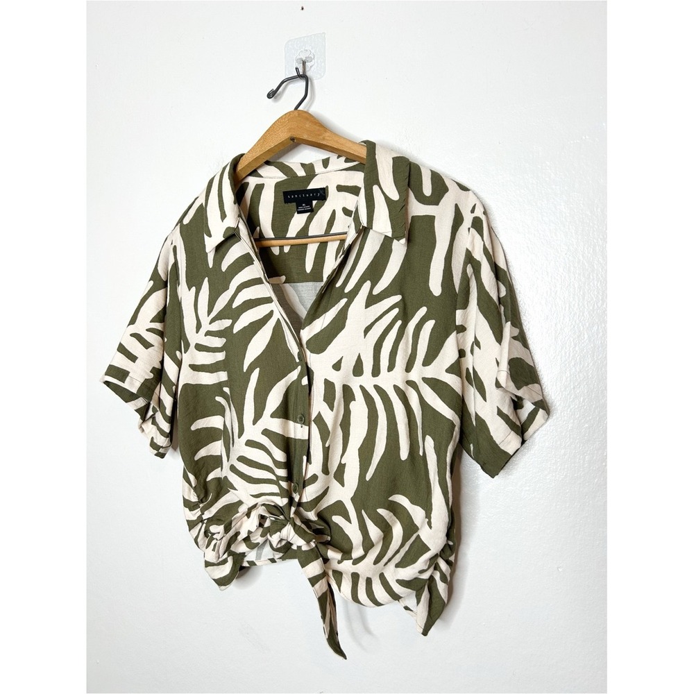 Sanctuary Womens Neutral Olive Green Tropical Palm Print Button Front Top XL - Picture 2 of 5
